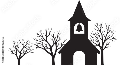 Church silhouette in the woods at night