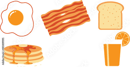 Flat style illustration collection of 5 breakfast foods fried egg bacon toast pancakes and orange juice