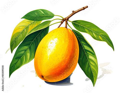 Gouache Painting of Whole Ripe Mango with Leaves – Isolated PNG