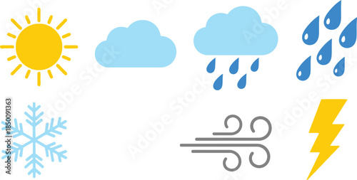 Flat style illustration collection of 6 weather elements sun cloud rain snow wind and lightning