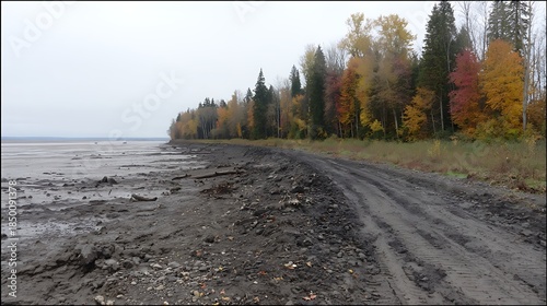 Muddy dirt road along a bank with foliage and a cloudy sky in the background