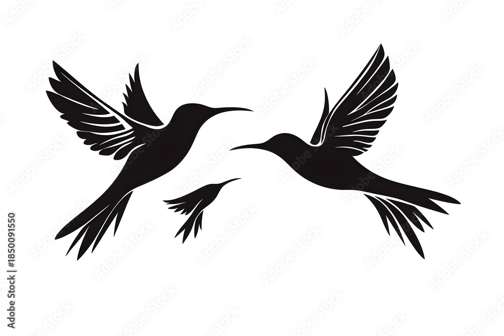 Fototapeta premium Hummingbird Silhouette in Flight: Elegant hummingbird silhouettes soar gracefully against the sky, their wings outstretched, illustrating the magic of nature. 