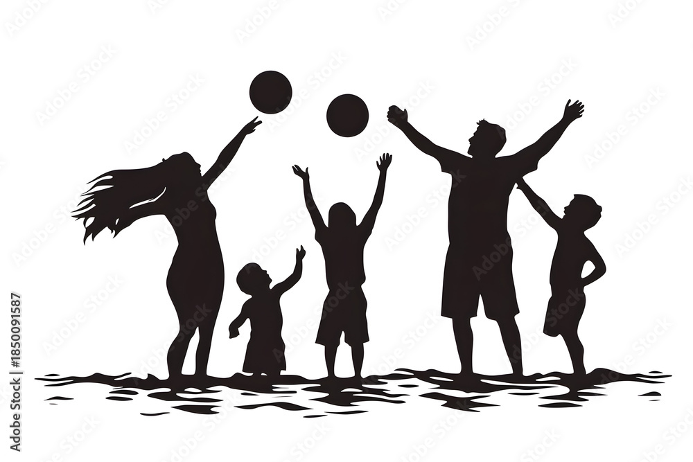 Fototapeta premium Joyful Family Silhouette with Beach Ball: Capture a heartwarming scene of a family's shared joy as they frolic with a ball on a sunny beach, celebrating the warmth of togetherness.