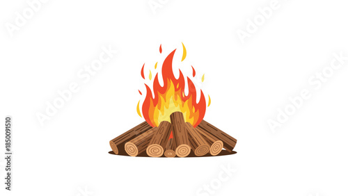 A vibrant illustration depicts a cozy campfire with burning flames and stacked wooden logs, evoking warmth and outdoor adventures.