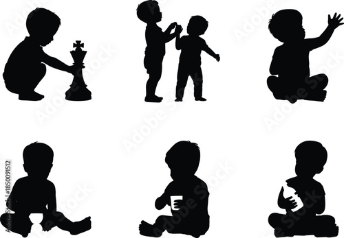 Black silhouettes collection of cute babies and toddlers playing with chess pieces, drinking from cups, and sitting in various posesPrint