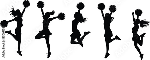 PrintCheerleader silhouette illustration, pom pom vector, jumping dance design sketch, sports performance outline icon, athletic celebration graphic drawing, energy symbol art
