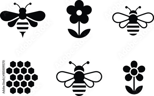 PrintBee silhouette illustration, flower honeycomb vector, pollination insect design sketch, agriculture nature outline icon, ecosystem biodiversity graphic drawing, honey production symbol art