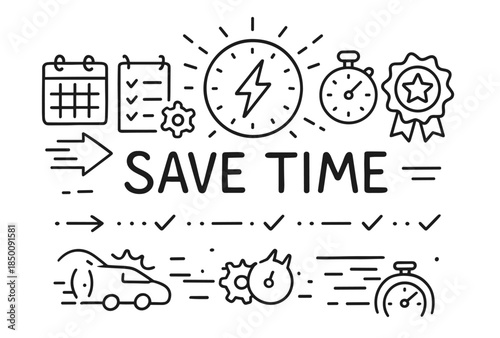 Save time concept with clocks and efficiency symbols in line art