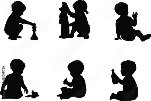 PrintChildren silhouette illustration, kids playing vector, childhood activity design sketch, sitting toy outline icon, early development graphic drawing, learning symbol art