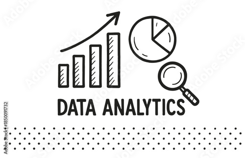 Data analytics concept with bar graph, pie chart, and magnifying glass
