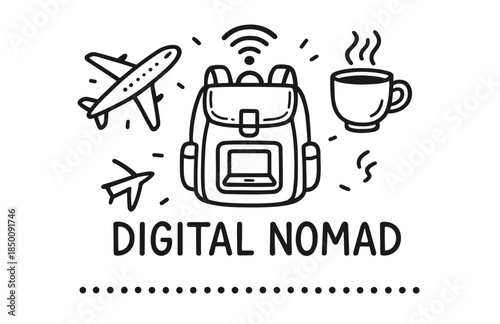 Digital nomad lifestyle with backpack, airplanes, and coffee icons