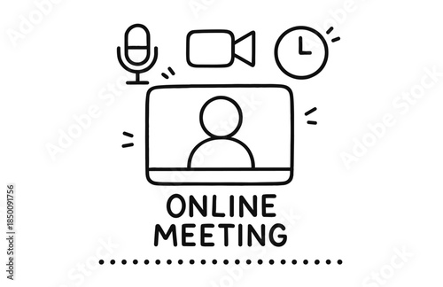 Hand-drawn online meeting icon with microphone video and clock