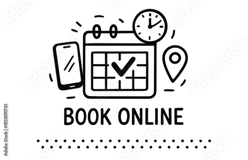Online booking concept with calendar, smartphone, and location icon
