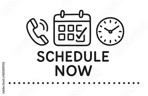 Schedule now icon with phone, calendar, clock for appointment reminders