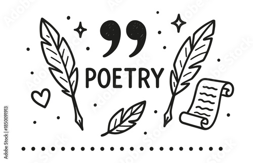 Hand-drawn poetry theme with quill, scroll, and decorative elements