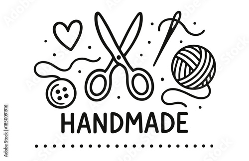 Handmade craft tools: scissors, yarn, needle, button, heart design