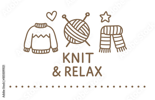 Cozy knitting icons: sweater, yarn ball, scarf, relaxation symbols