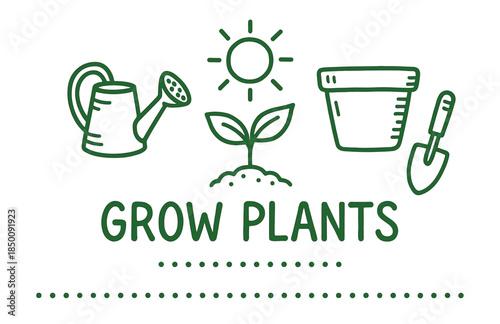 Grow plants: gardening tools and sun with sprouting seedling