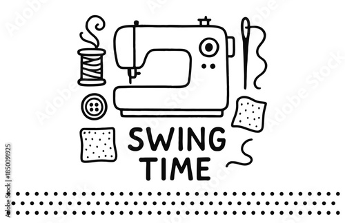 Vintage sewing machine line art with needle and thread design elements