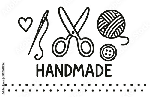 Handmade crafts icons: needle, scissors, yarn, button, heart