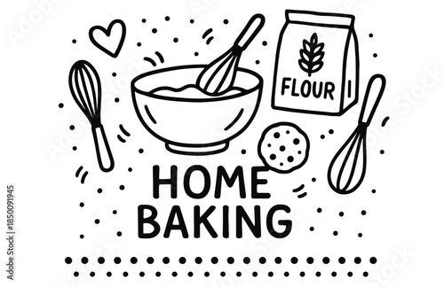 Black and white doodle art of home baking essentials with whisks and flour