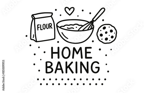 Home baking essentials: flour, mixing bowl, and cookie drawing with heart
