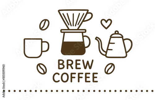 Brew coffee icon with dripper, mug, and kettle in simple line art