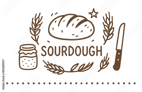 Hand-drawn sourdough bread with wheat, knife, and jar