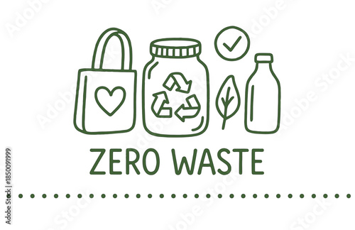 Zero waste icons: recycling, reusable bag, eco-friendly bottle, sustainable living