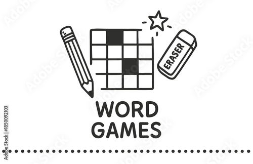 Pencil, crossword puzzle, and eraser icon for word games