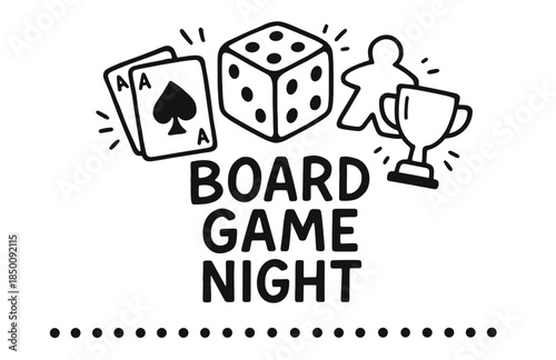 Board game night graphic with playing cards, dice, and trophy icons