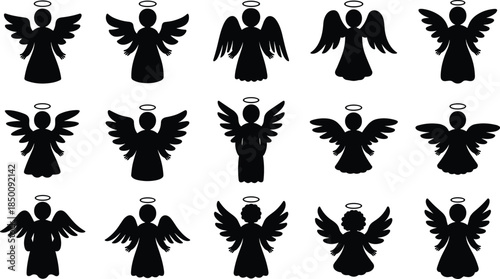 PrintSet of black angel silhouettes with different wing shapes and halos, flying and standing poses for Christmas, religious, and spiritual designs