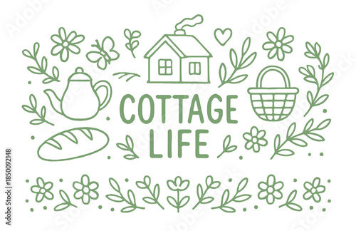 Cozy cottage life elements: teapot, basket, bread, floral design