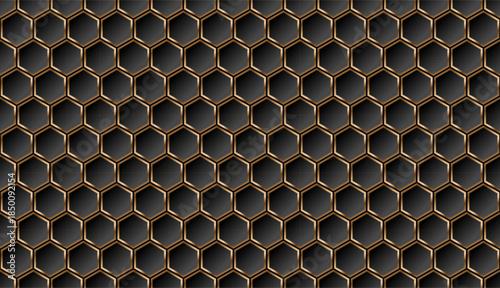 Geometric hexagon shapes on a black background. Seamless futuristic pattern. black polygon hitch technology wallpaper. Embossed Hexagon , honeycomb. light and shadow. Hexagonal metal background.