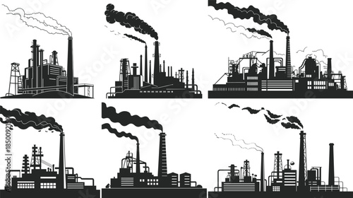 PrintSet of black factory silhouettes with smoking chimneys and industrial plant buildings representing manufacturing, energy production, pollution, and urban industry