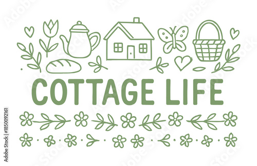 Charming cottage life design with nature motifs and floral patterns