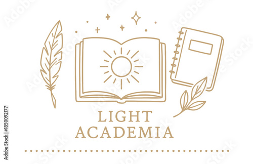 Light academia aesthetic: open book, feather quill, and journal with sun