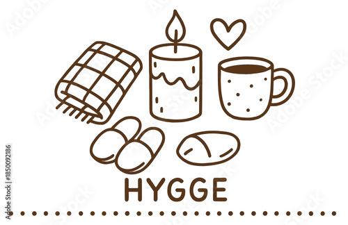 Cozy hygge elements with candle, blanket, and slippers