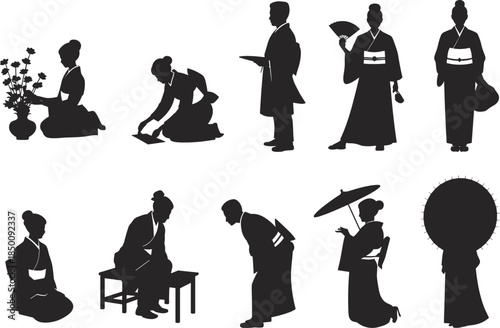 PrintSet of black silhouettes featuring Japanese people in traditional kimono, performing tea ceremony, bowing, holding fans, and carrying parasol umbrellas