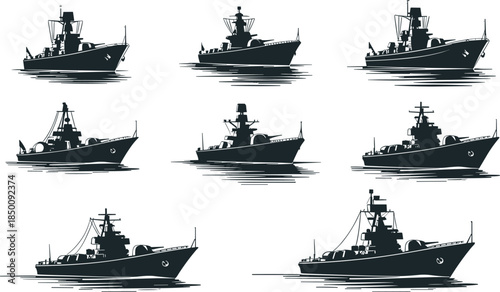 PrintWarship silhouette illustration, naval vessel vector, military ship design sketch, defense fleet outline icon, ocean combat graphic drawing, maritime security symbol art