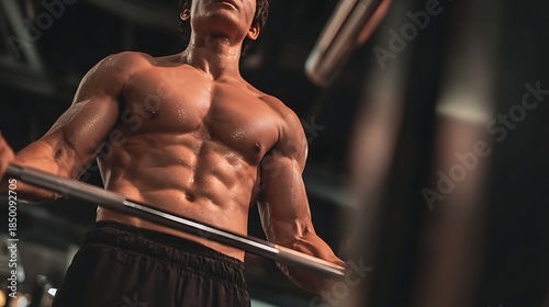 Muscular man working out with a barbell in the gym, showcasing sculpted physique