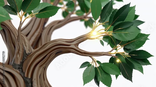 Ancient twisting tree trunk with lush green leaves in motion.