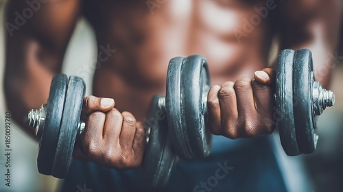 Muscular, shirtless person holding two dumbbells, exercising indoors; detailed close-up shot