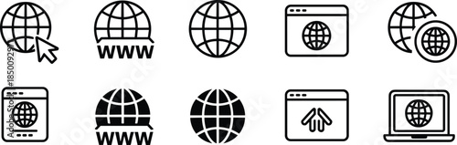 Internet web global icon set featuring globe WWW browser website laptop navigation symbols line vector illustration modern minimal design
