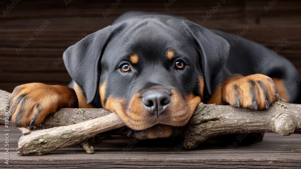 Fototapeta premium Dog holding a bone with its head down in front of dark wood background captured using high-quality camera
