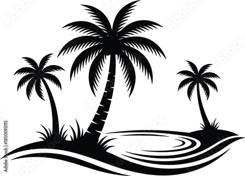 Tropical island palm trees silhouette with water reflection and curved shoreline, exotic black summer vector illustration