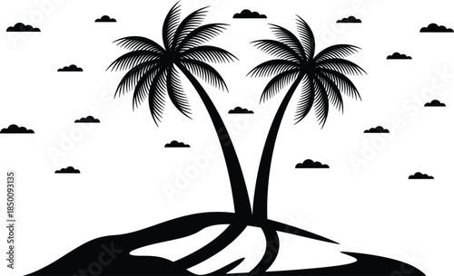 Tropical island silhouette with twin palm trees and clouds, minimalist black nature illustration for summer design