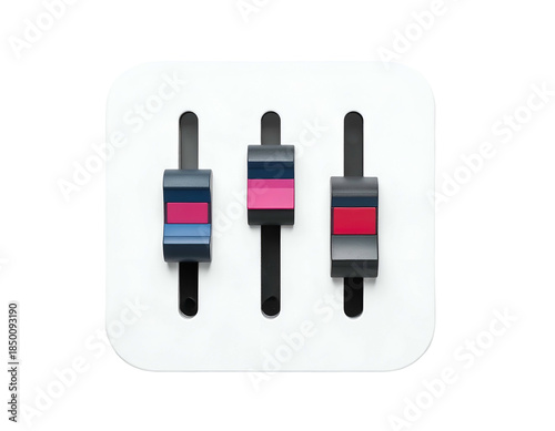 Three vertical adjustment sliders with colored bands on a white tile