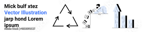 Business development, risk planning, sustainability, process flow, financial growth, corporate strategies. Circular arrows, blocks spelling risk and skyscrapers. Business development and risk