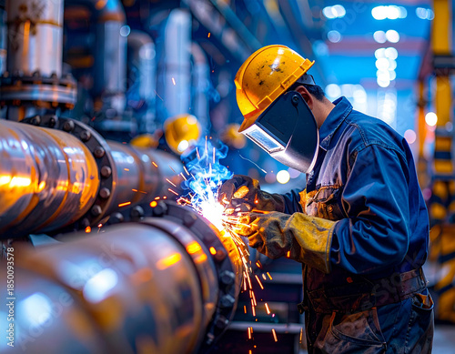 Workers weld thick boiler pipes inside a busy mechanical room